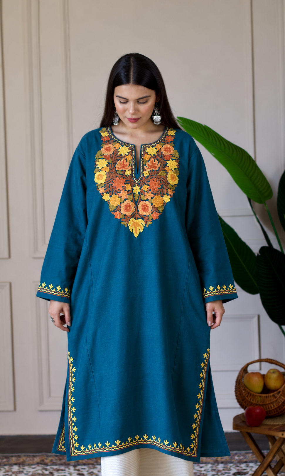 Deep Sea Green Saffron Bloom Aari Embroidered Fine Cashmilon Pheran