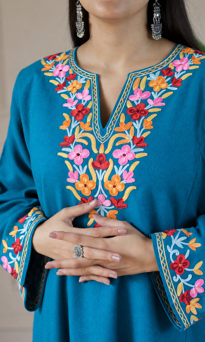Deep Sea Ruby Ember Aari Embroidered Fine Cashmilon Pheran