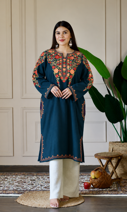 Blue Ember Aari Embroidered Fine Cashmilon Pheran