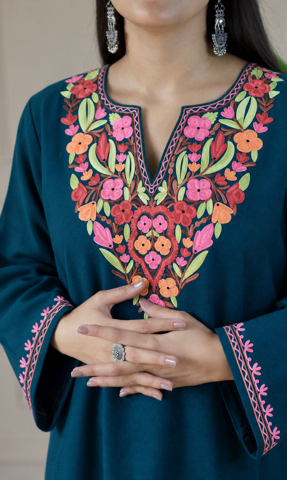 Deep Sea Green Multi Aari Embroidered Fine Cashmilon Pheran