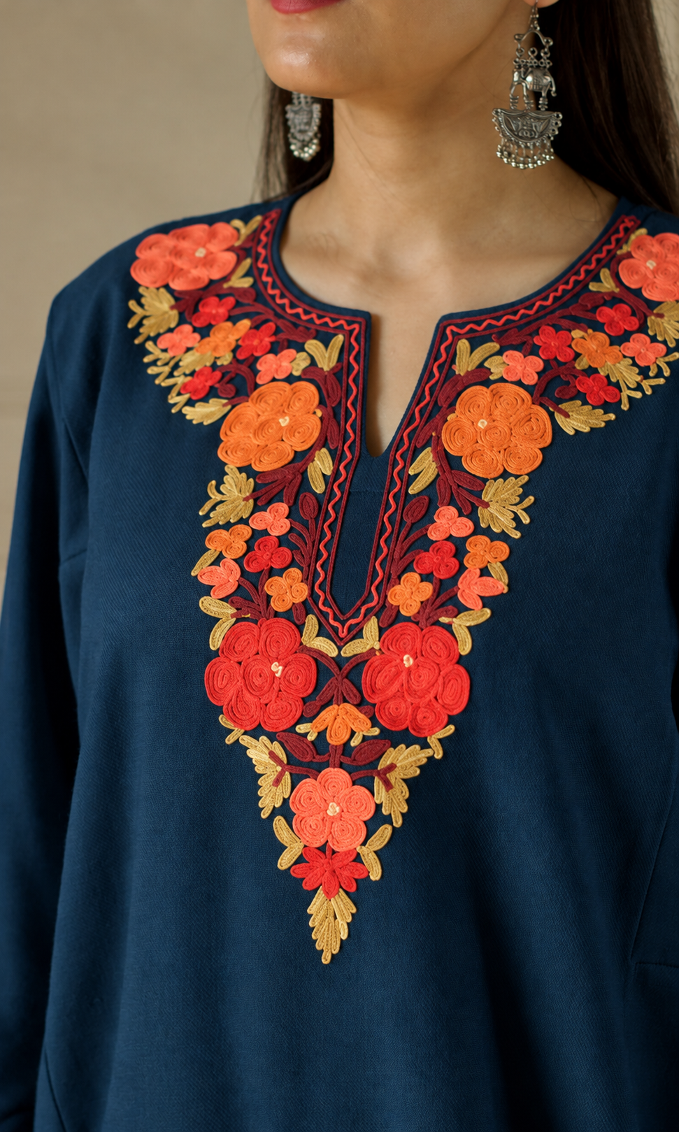Blue Sunset Blossom Aari Embroidered Fine Cashmilon Pheran