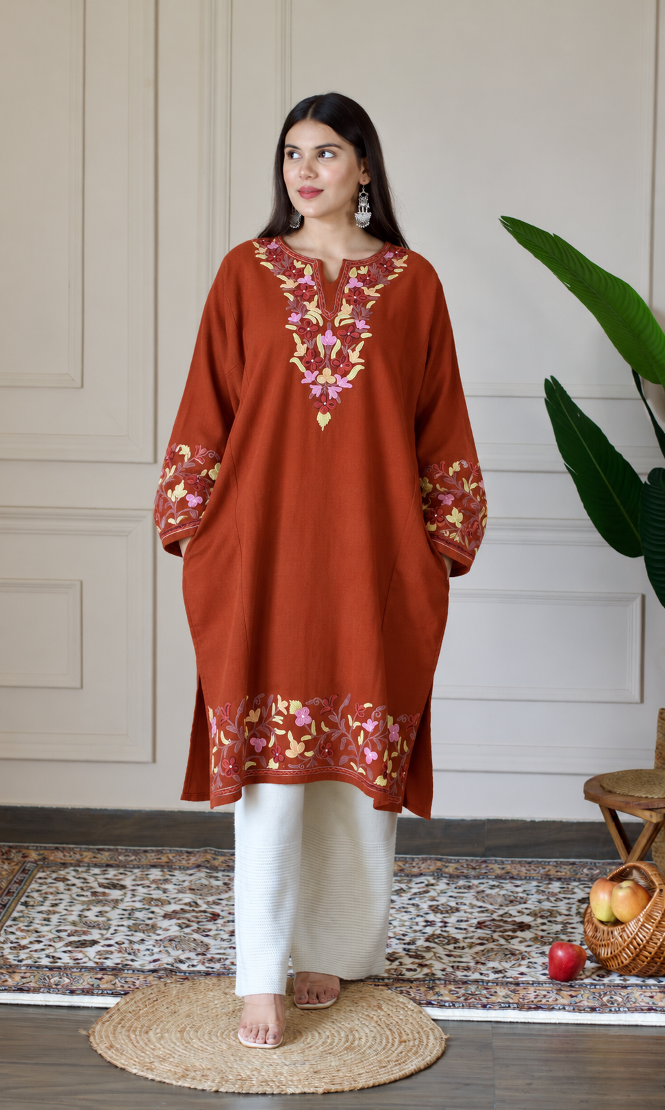 Rust Ruby Ember Aari Embroidered Fine Cashmilon Pheran