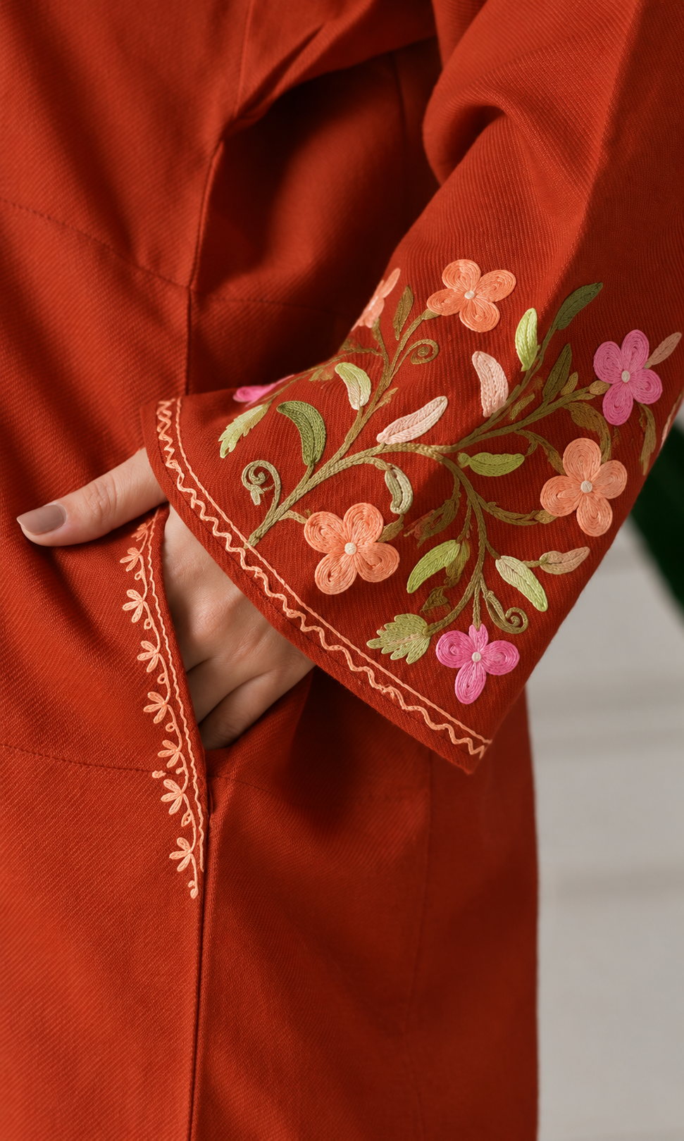 Rust Peach Blossom Aari Embroidered Fine Cashmilon Pheran