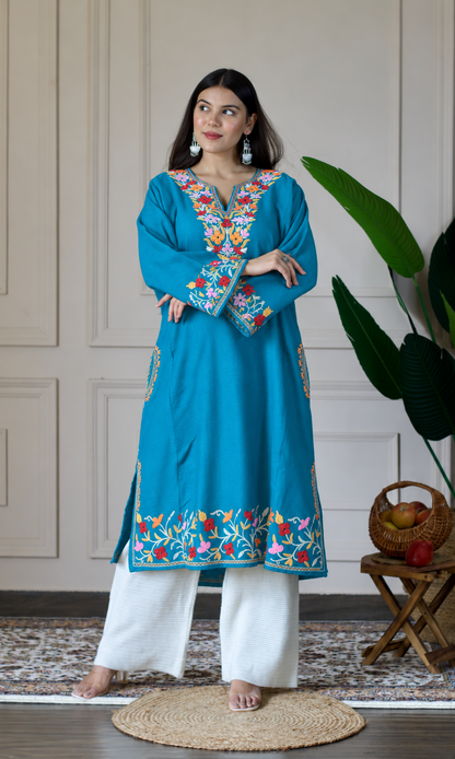 Deep Sea Ruby Ember Aari Embroidered Fine Cashmilon Pheran