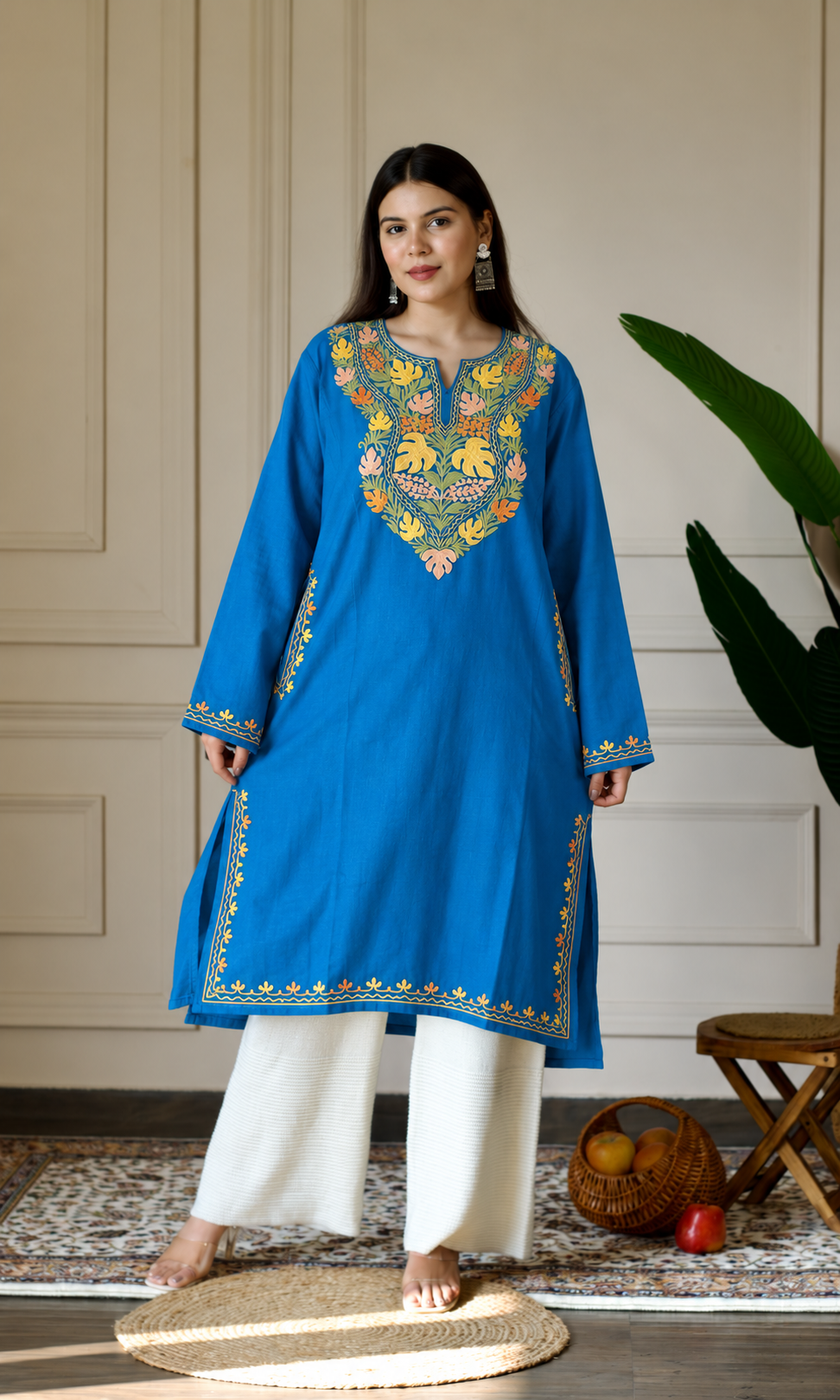 Blue Vibrant Aari Embroidered Fine Cashmilon Pheran