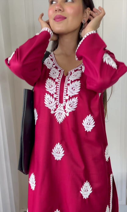 Maroon Red Chikankari Short Kurta