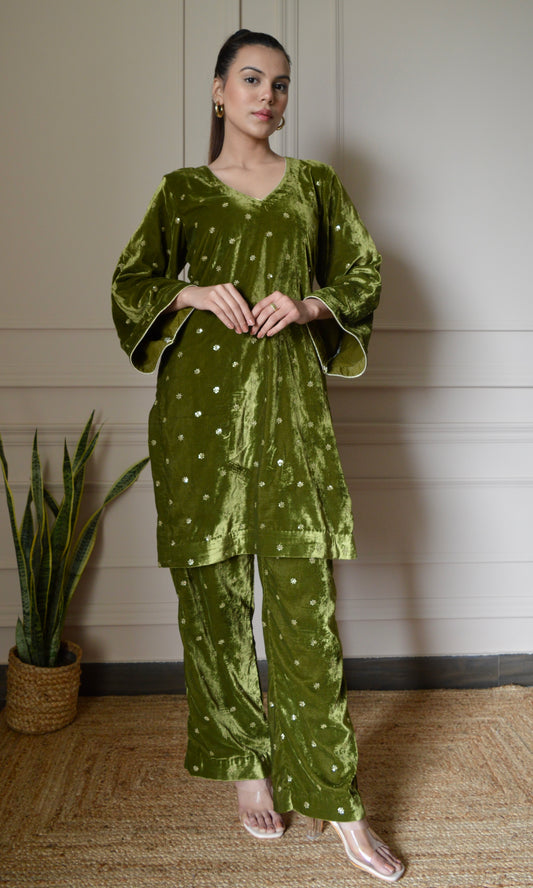 Green Velvet Co-ord Set with Gold Sequin Embroidery and Bell Sleeves