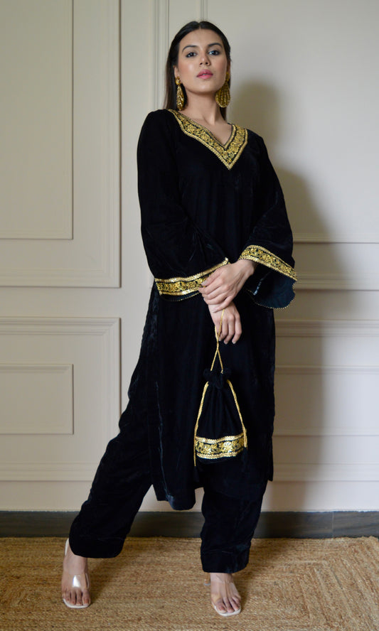 Black Velvet Kurta Set with Golden Lace V-Neckline and Bell Sleeves