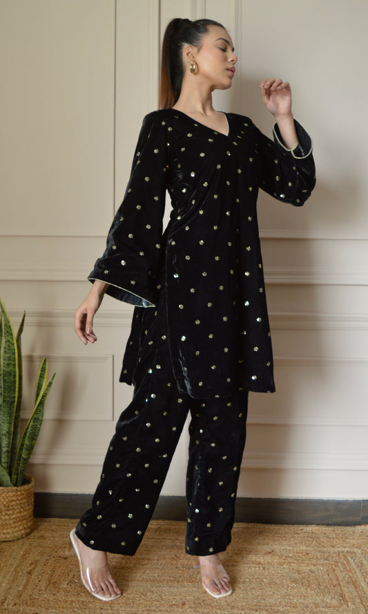 Black Velvet Co-ord Set with Gold Sequin Embroidery and Bell Sleeves