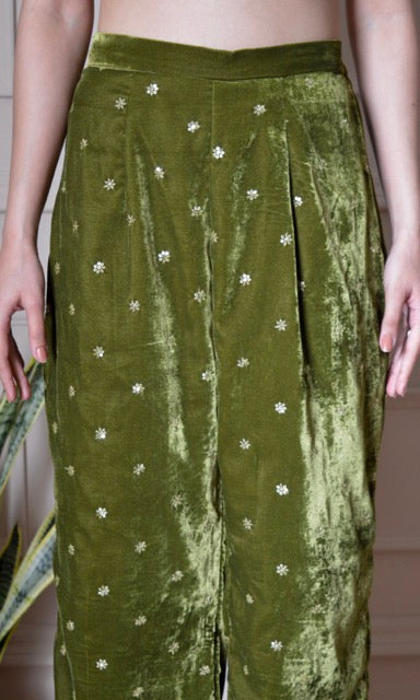 Green Velvet Co-ord Set with Gold Sequin Embroidery and Bell Sleeves