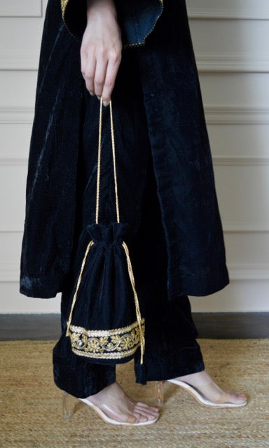 Black Velvet Kurta Set with Golden Lace V-Neckline and Bell Sleeves