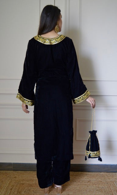 Black Velvet Kurta Set with Golden Lace V-Neckline and Bell Sleeves