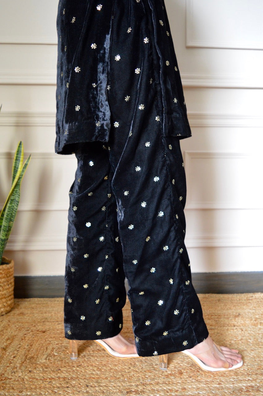 Black Velvet Co-ord Set with Gold Sequin Embroidery and Bell Sleeves